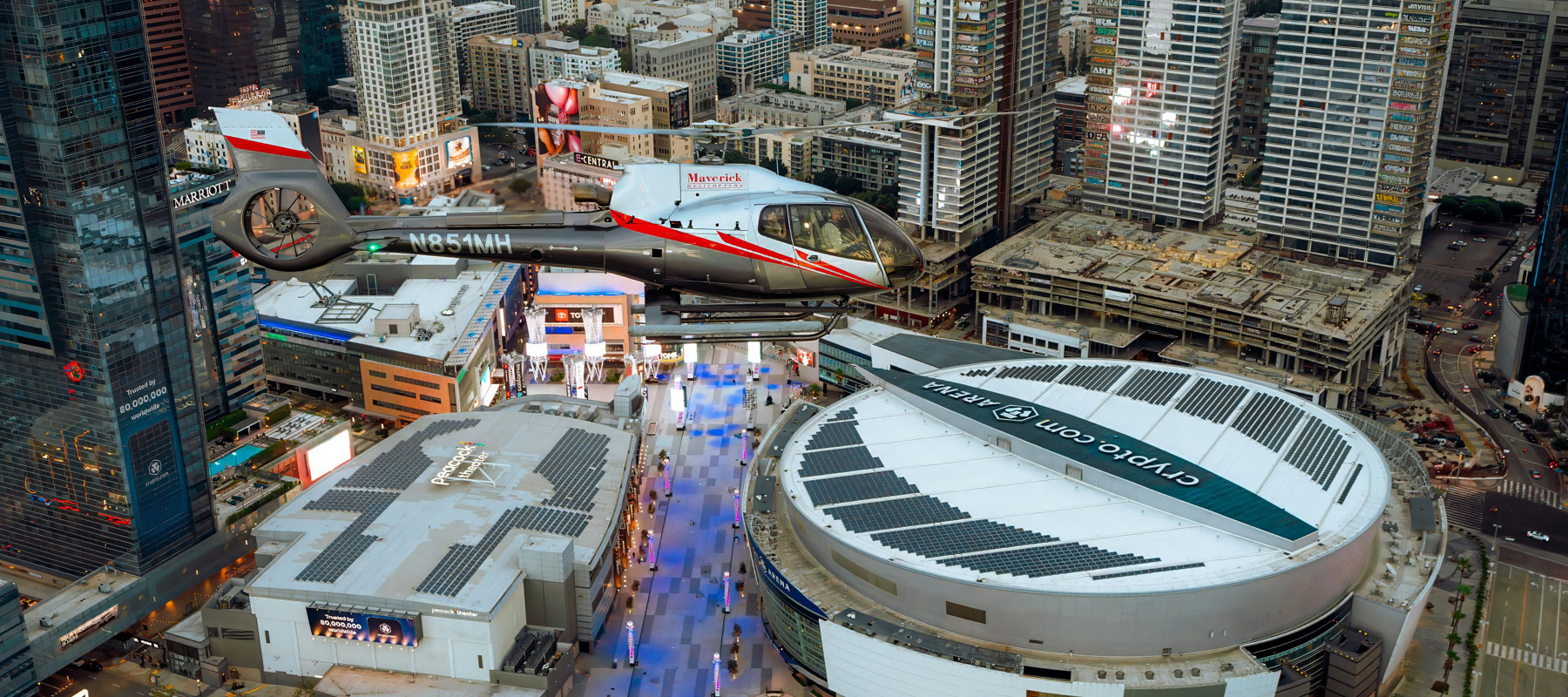 Crypto.com Arena and the Downtown Los Angeles skyline from above