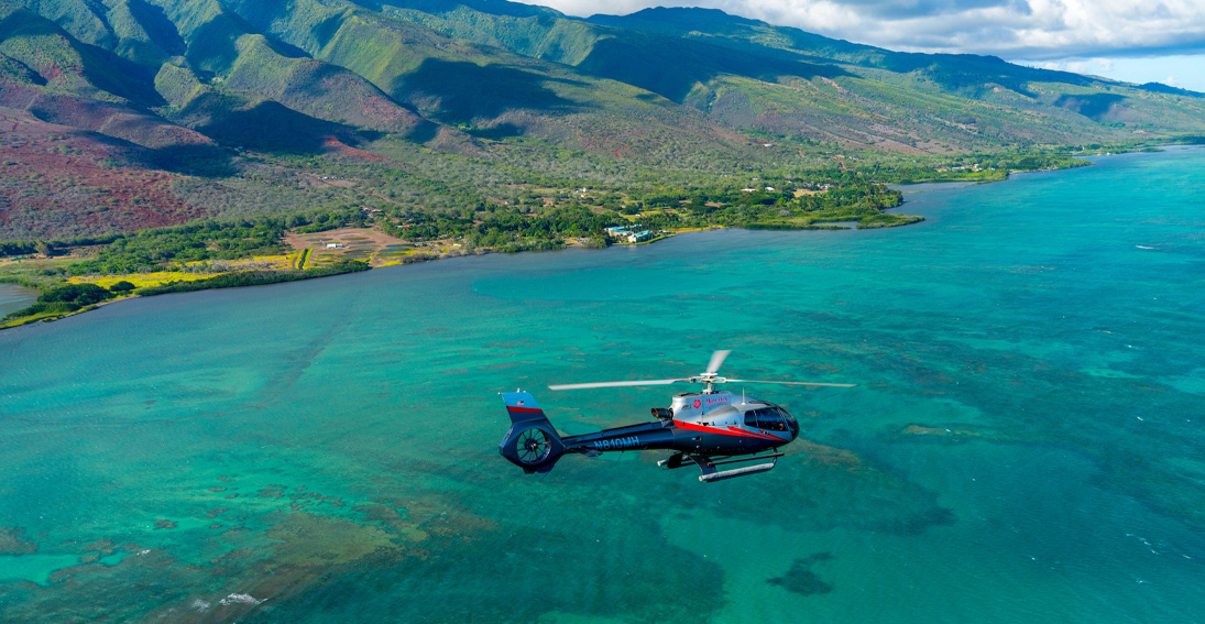 Picturesque views of Maui can seen from our luxury helicopter as we soar above the island