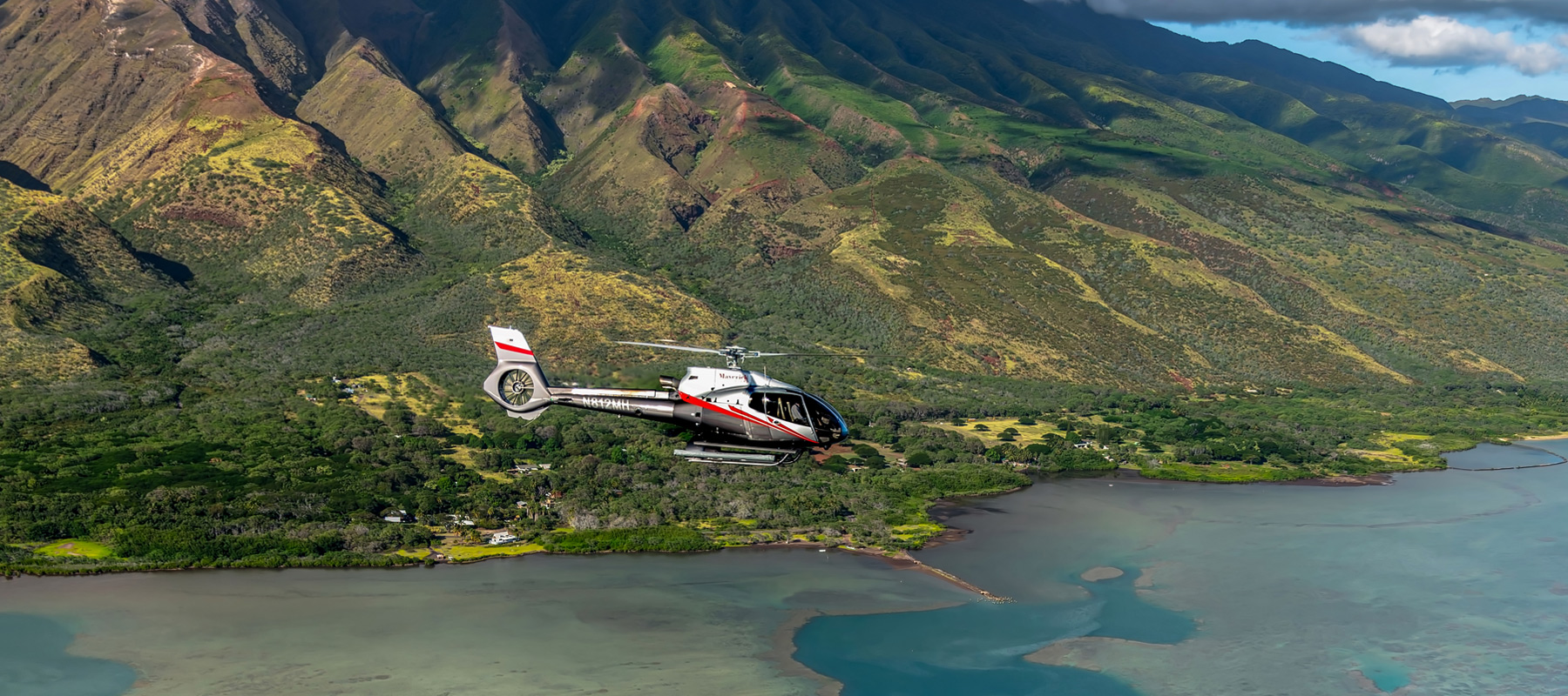Helicopter flying over the ancient fishponds of Molokai