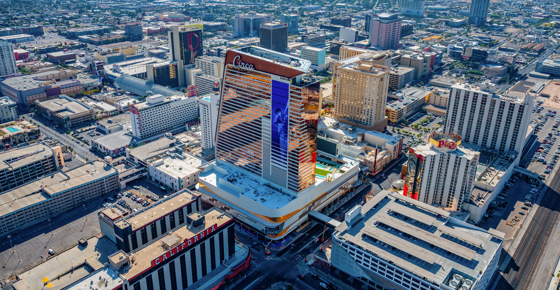 Daytime views of Downtown Las Vegas featuring Circa, Plaza, and California resorts