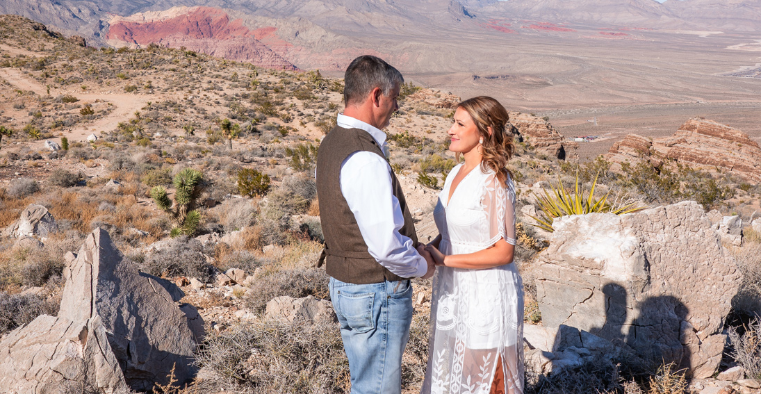 Couple's love story captured with a private landing wedding and panoramic desert views