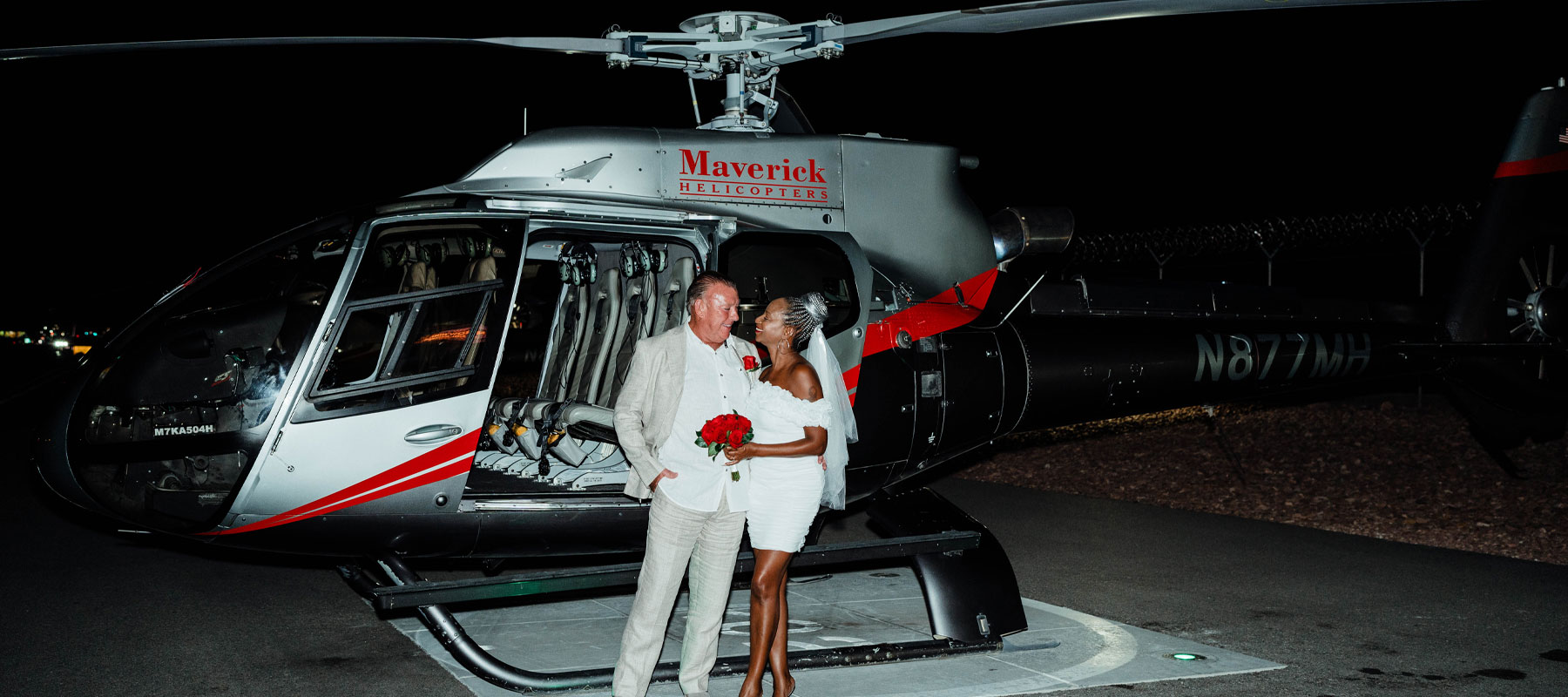 A Maverick Helicopters aircraft ready for a Las Vegas neon lights wedding flight