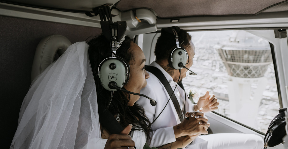 Pure excitement for this bride and groom as they soar over the Las Vegas Strip
