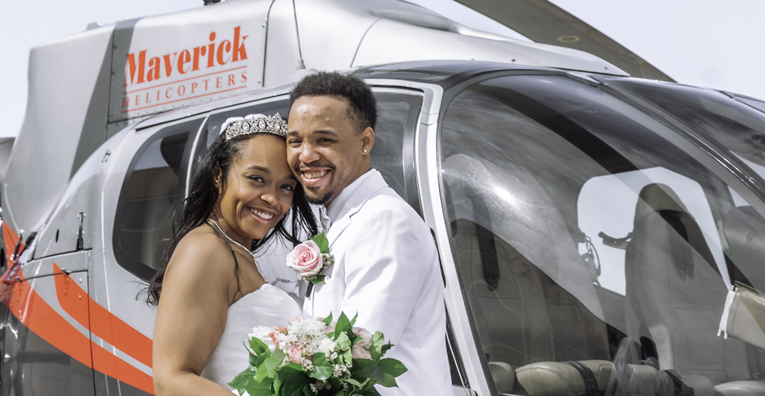 A beautiful couple all smiles after their helicopter wedding over Las Vegas