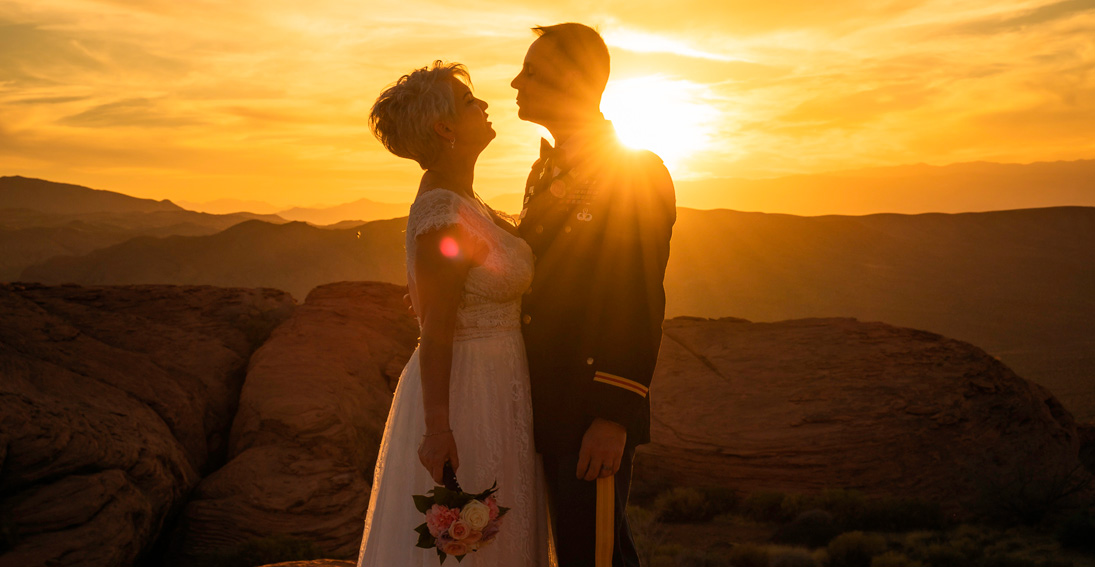 Bride and groom at our private plateau overlooking the breathtaking Valley of Fire